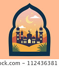 Islamic window with moon, mosque dome and stars. Desert landscape in oriental style, Ramadan month, modern boho design 112436381
