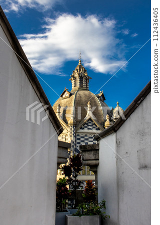 Detail of the historic Gothic Revival style Rafael Uribe Uribe Palace of Culture located at the Botero Square in Medellin declared National Monument of Colombia in 1982. 112436405