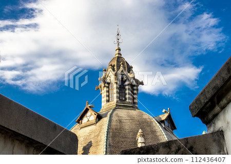 Detail of the historic Gothic Revival style Rafael Uribe Uribe Palace of Culture located at the Botero Square in Medellin declared National Monument of Colombia in 1982. 112436407