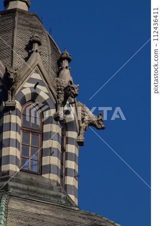 Detail of the historic Gothic Revival style Rafael Uribe Uribe Palace of Culture located at the Botero Square in Medellin declared National Monument of Colombia in 1982. 112436411