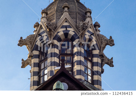 Detail of the historic Gothic Revival style Rafael Uribe Uribe Palace of Culture located at the Botero Square in Medellin declared National Monument of Colombia in 1982. 112436415