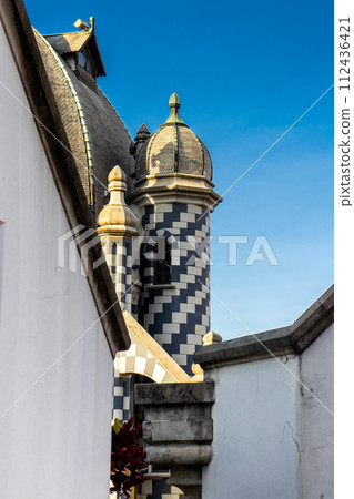 Detail of the historic Gothic Revival style Rafael Uribe Uribe Palace of Culture located at the Botero Square in Medellin declared National Monument of Colombia in 1982. 112436421
