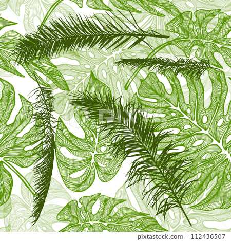 Palm leaves seamless pattern on white background. hand drawing. Not AI. Vector illustration Palm leaves seamless pattern on white background. hand drawing. Not AI. Vector illustration 112436507
