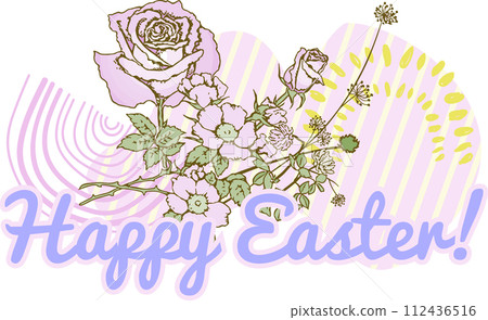 Happy Easter. A set of vector Easter illustrations. Easter eggs on a plate. Flowers, Easter eggs, rabbit. Spring flower illustration. Perfect for a poster, cover, or postcard. 112436516