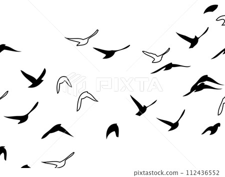 Flying birds silhouette flock. hand drawing. Not AI, Vector illustration Flying birds silhouette flock. hand drawing. Not AI, Vector illustration 112436552