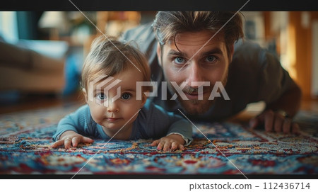 AI-generated content. A man and a baby are laying down on a rug in an indoor setting. 112436714
