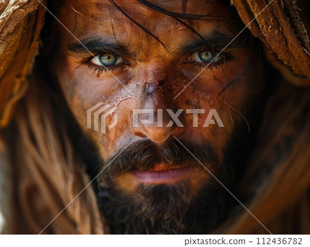 AI-generated content. A detailed view of a Jesus Christ face showcasing striking blue eyes. AI-generated content. A detailed view of a Jesus Christ face showcasing striking blue eyes. 112436782