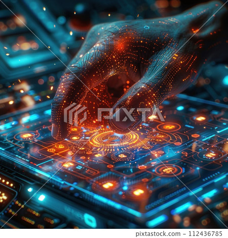 AI-generated content. A persons hand is touching a computer keyboard with technological elements and soft lighting. AI-generated content. A persons hand is touching a computer keyboard with technological elements and soft lighting. 112436785