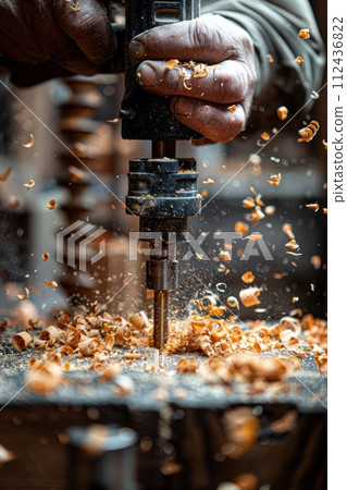 AI-generated content. A person using a drill to drill holes in a piece of wood for a do-it-yourself project. 112436822