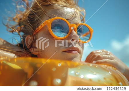 AI-generated content. A woman wearing a yellow bikini and blue sunglasses posing for a photo on the beach. AI-generated content. A woman wearing a yellow bikini and blue sunglasses posing for a photo on the beach. 112436829