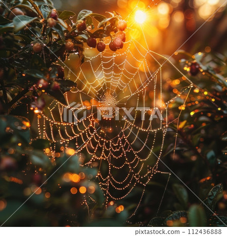 AI-generated content. A spider web intricately woven in the heart of a dense forest, catching sunlight and blending with the natural surroundings. 112436888