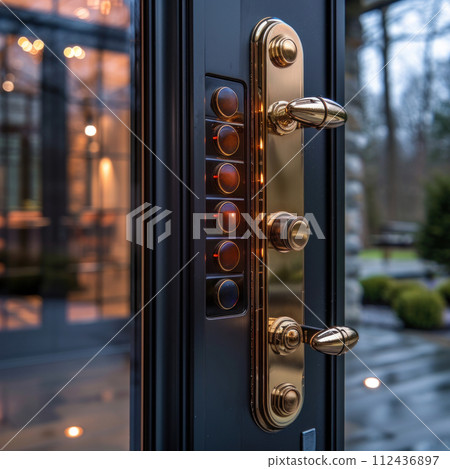 AI-generated content. Detailed view of a door handle attached to a wooden door. AI-generated content. Detailed view of a door handle attached to a wooden door. 112436897