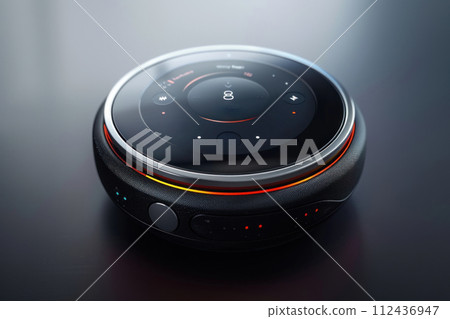 AI-generated content. A detailed view of a modern electronic device placed on a table, showing intricate design and technology. 112436947