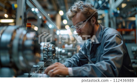 AI-generated content. A man in industrial workwear focuses on repairing a machine in a busy factory setting. 112436989