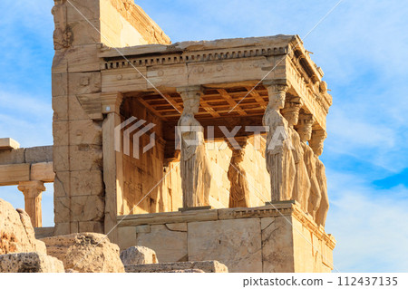 The Caryatid porch of Erechtheion (Erechtheum) or Temple of Athena Polias is an ancient Greek Ionic temple on the north side of the Acropolis in Athens, Greece The Caryatid porch of Erechtheion (Erechtheum) or Temple of Athena Polias is an ancient Greek Ionic temple on the north side of the Acropolis in Athens, Greece 112437135