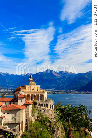 View of Madonna del Sasso monastery and lake Maggiore at Locarno, Switzerland 112437234
