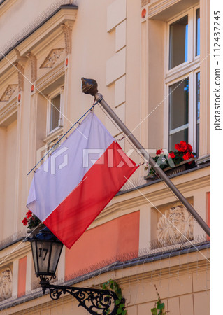 Flag of Poland on a facade of building Flag of Poland on a facade of building 112437245