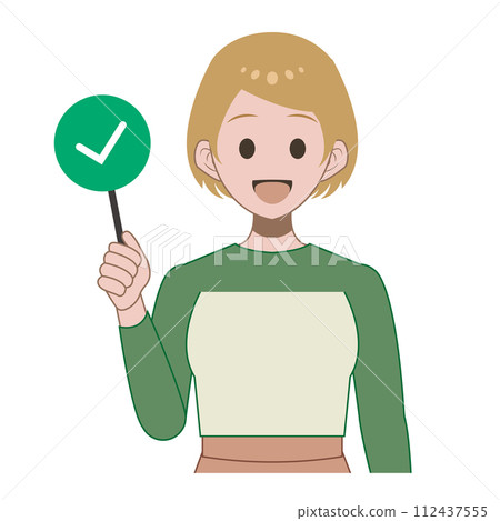 Woman raising a check tag, upper body Woman raising a check tag, upper body 112437555