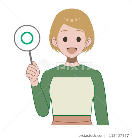 Woman raising 〇 tag upper body Woman raising 〇 tag upper body 112437557