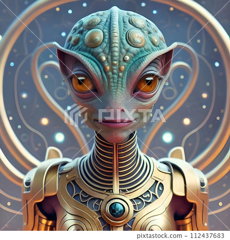 portrait of beautiful  alien female in golden dress posing against universe background. Ai generated 112437683