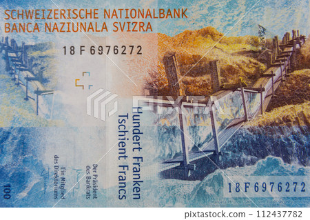 Macro shot of one hundred swiss francs banknote 112437782