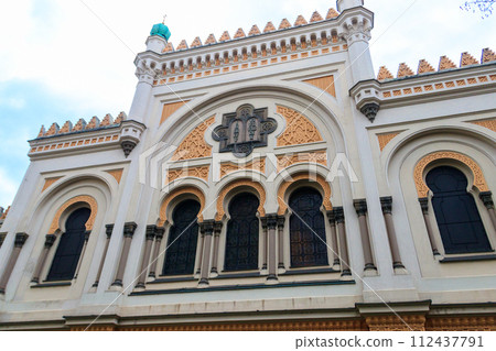 Facade of Spanish Synagogue in the Josefov district, Jewish Quarter of Prague, in Czech Republic 112437791