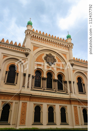 Facade of Spanish Synagogue in the Josefov district, Jewish Quarter of Prague, in Czech Republic 112437792