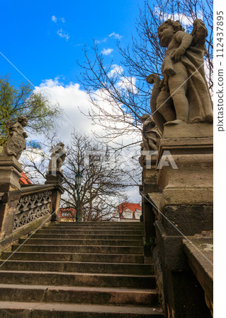 Stairway with baroque statues near Loreta Monastery in Prague, Czech Republic 112437895