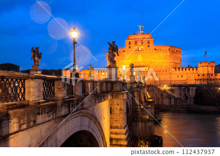 Night view of Mausoleum of Hadrian, known as Castel Sant Angelo (Castle of the Holy Angel) in Rome, Italy 112437937