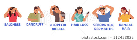 People With Hair Problems Experience Baldness, Damage, Hair Loss, Dandruff, Alopecia, Or Seborrheic Dermatitis People With Hair Problems Experience Baldness, Damage, Hair Loss, Dandruff, Alopecia, Or Seborrheic Dermatitis 112438022