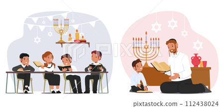 Jewish Children Characters Gather, Immersed In Torah Study, Exploring Ancient Texts And Traditions, Guided By Teacher 112438024