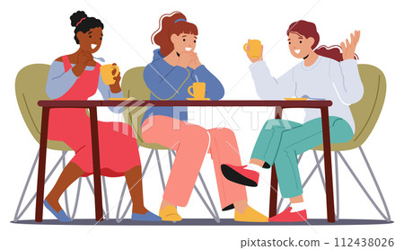 Group Of Women Share Laughter And Stories In A Cozy Cafe, Bonding Over Cups Of Coffee, Vector Illustration 112438026