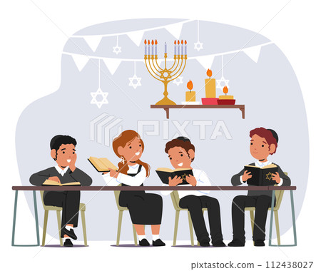 Jewish Children Characters Diligently Study Torah, Immersing Themselves In Sacred Texts To Learn Religious Teachings 112438027