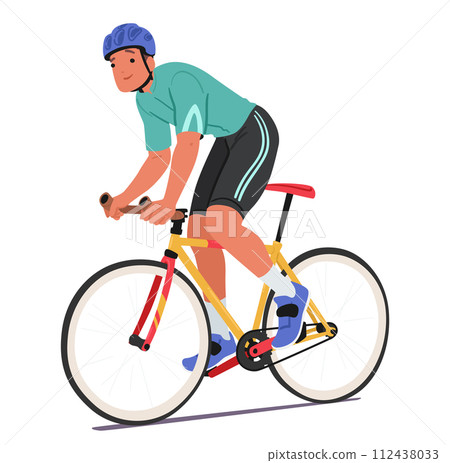 Joyful Sportsman Cyclist Character Pedals With A Beaming Smile, Embodying Pure Passion And Exhilaration As He Rides Bike 112438033