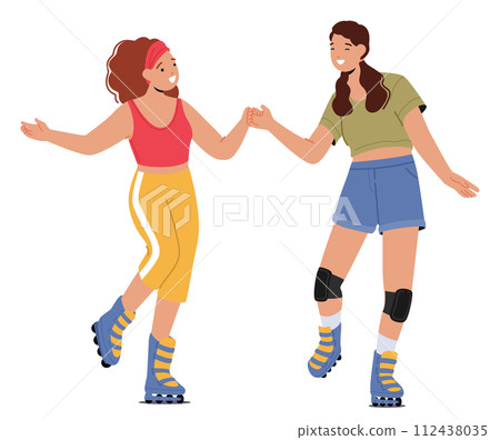 Girl Friend Characters Roller Skating, Laugh And Share Moments, Glide Smoothly On Wheels, Enjoying The Freedom 112438035