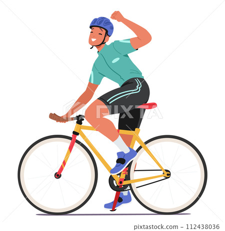 Jubilant Cyclist Character Raised His Triumphant Fist In The Air, Celebrating Victory With A Radiant Smile Embodying Joy Jubilant Cyclist Character Raised His Triumphant Fist In The Air, Celebrating Victory With A Radiant Smile Embodying Joy 112438036
