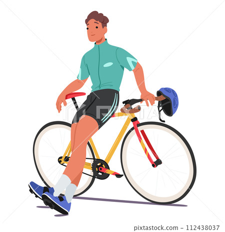 Tired Male Cyclist Character, Clad In Sports Attire, Finds Repose By Leisurely Sitting Atop The Sleek Frame Of Bicycle 112438037