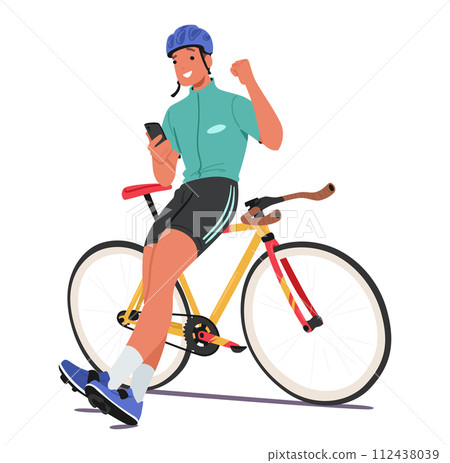 Relaxed Sportsman Cyclist Character Perches On His Bike Frame, Smartphone In Hand, Making A Triumphant Yeah Gesture 112438039