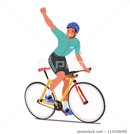 Sportsman Cyclist Character Rides His Bike With A Confident Fist-up Gesture And A Beaming Smile, Embodying Victory 112438040