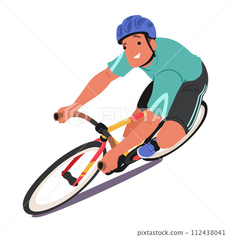 Sportsman Cyclist Character, Donned In Vibrant Gear, Rides His Bike With A Beaming Smile, Showcasing Both Passion 112438041