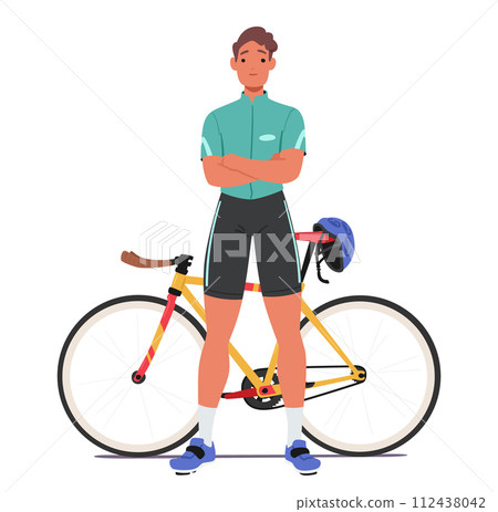 Confident Sportsman Cyclist Character Stands With Arms Crossed, Exuding Determination Beside His Sleek Bike Confident Sportsman Cyclist Character Stands With Arms Crossed, Exuding Determination Beside His Sleek Bike 112438042
