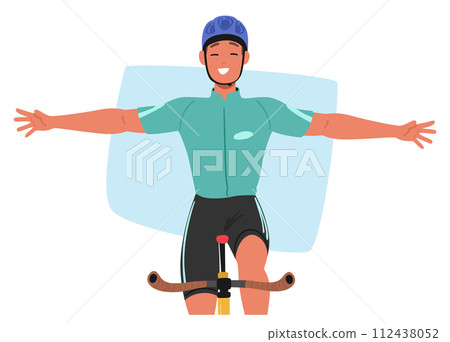 Sportsman Cyclist Gracefully Rides, Arms Outstretched, Embodying Triumph And Freedom. A Testament To Strength, Skill 112438052