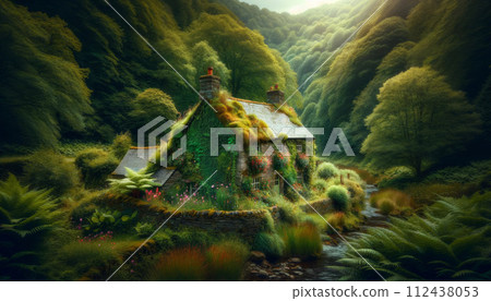 Rustic stone cottage covered in ivy, nearby mountain stream in the forest. Generative AI 112438053