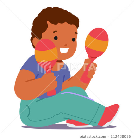 Little Child Sits On The Floor, Joyfully Shaking Maracas. Bright Eyes Sparkle With Delight, Grasp Colorful Instrument 112438056