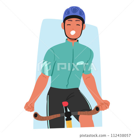 Jubilant Sportsman Cyclist Character Riding Vigorously, Thrusts His Fist Into The Air In A Triumphant Yeah Gesture 112438057
