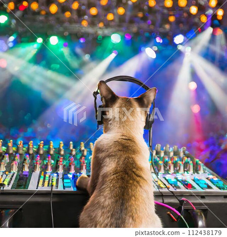 Rear view of a Siamese cat operating the sound at a live performance 112438179