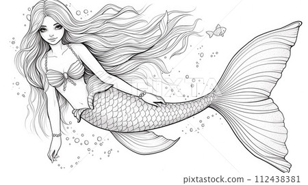 AI-generated content. A mermaid with long hair and a tail is drawn in this coloring page, AI 112438381
