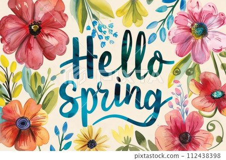 Watercolor illustration of a frame of spring flowers, inside the text Hello Spring, spring background Watercolor illustration of a frame of spring flowers, inside the text Hello Spring, spring background 112438398