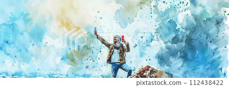 Watercolor Illustration of a happy young guy taking a selfie on the background of the sea, banner 112438422