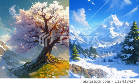 Half tree in winter, half tree in spring and summer, change of seasons weather concept 112438424